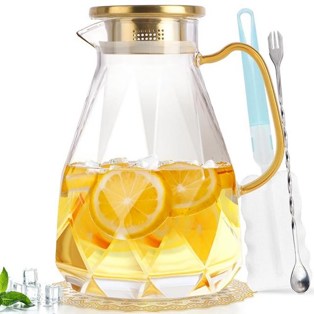 Yirilan Glass Pitcher, 2.8 Liter Water Pitcher with Lid, Beverage Serveware, Iced Tea Pitcher, Water Carafe Handle, Heat Resistant Borosilicate Jug