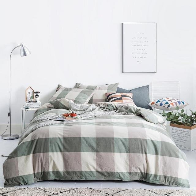 SUSYBAO Green Checkered Duvet Cover King 100% Washed Cotton Classic Plaid Duvet Cover 3 Pieces Set 1 Rustic Beige Checked Duvet Cover with Zipper Ties 2 Pillowcases Farmhouse Soft Grid Bedding