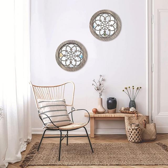 YOAYO Wall Mirrors Decorative Living Room, Round Window Mirrors for Wall Decor, 2PCS Small Decorative Wall Mirror, Rustic Farmhouse Wall Mirrors Set, Accent Entryway Wall Mounted Mirror Decor 12"
