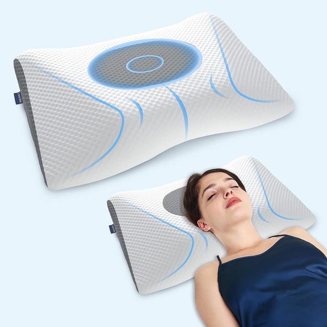Loucima Cervical Neck Pillows for Pain Relief Sleeping, Ergonomic Built-in Neck Roll with Hollow Design, 2-Way Adjustable for Spine Align, Memory Foam Contour Bed Pillow for Side Back Stomach Sleeper