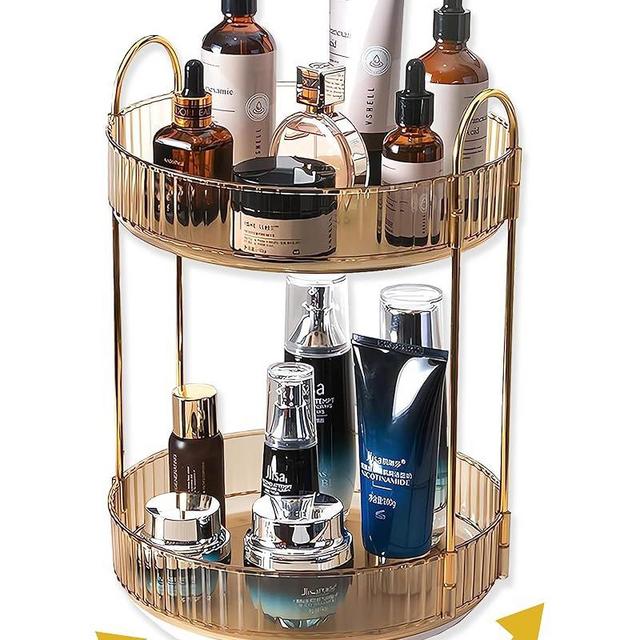 Asayuee 360 Rotating Gold Makeup Organizer,2 Tier Large Capacity Rotating Makeup Organizer for vanity,Skincare Rotating Perfume Organizer,Bathroom Cosmetics Storage Organizer Countertop (Gold-2 Tier)