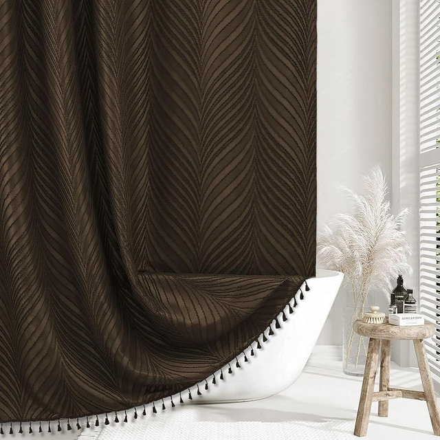 Siiluminisoy Brown Boho Shower Curtain Woven Fabric Shower Curtain, 72 x 72 Tufted Leaves Textured Striped Modern Farmhouse Minimalist Cloth for Bathroom