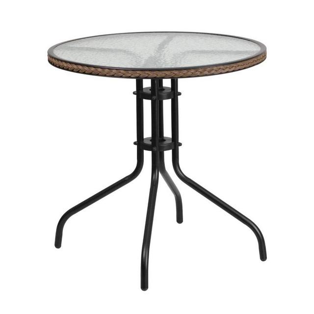 Flash Furniture 28'' Round Tempered Glass Metal Table with Dark Brown Rattan Edging,
