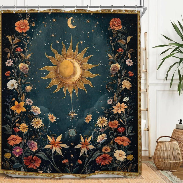 Miyotaa Celestial Sun Moon Shower Curtain Set 60Wx71H Inches Vintage Night Aesthetic Mysterious Witchy Polyester Waterproof Cloth Bathroom Curtain with 12 Hooks