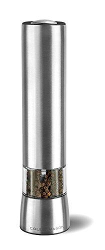 COLE & MASON Hampstead Electric Pepper Grinder with LED Light - Electronic Battery Operated Peppercorn Mill, Stainless Steel