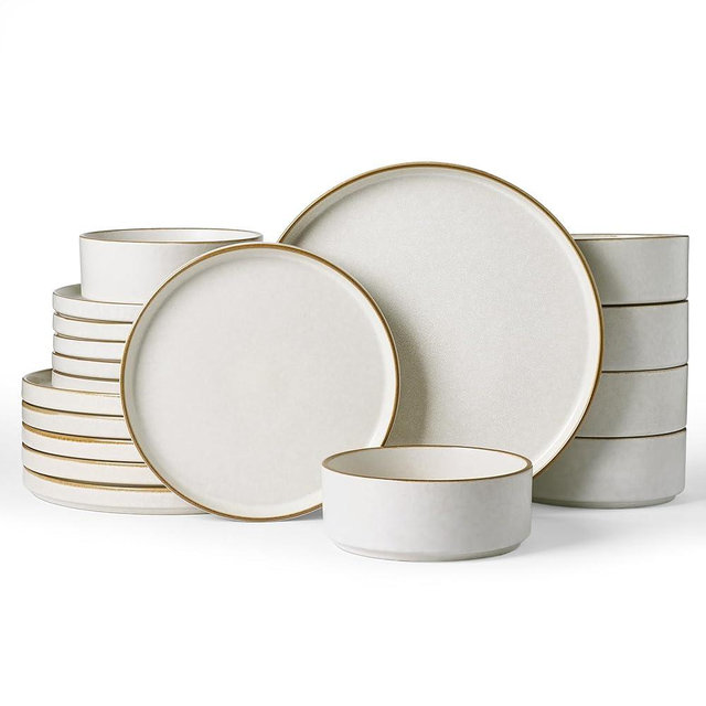 Famiware Nebula Plates and Bowls Sets, 18 Pieces Stoneware Dinnerware Sets, Reactive Glaze Dish Set, Dishes Set for 6, Matte Beige White with Brown Rim