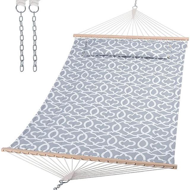 SUNCREAT Double Quilted Hammock with Hardwood Spreader Bar, Extra Large Soft Pillow, Heavy Duty 2 Person Hammock for Indoor, Outdoor, Grey Pattern