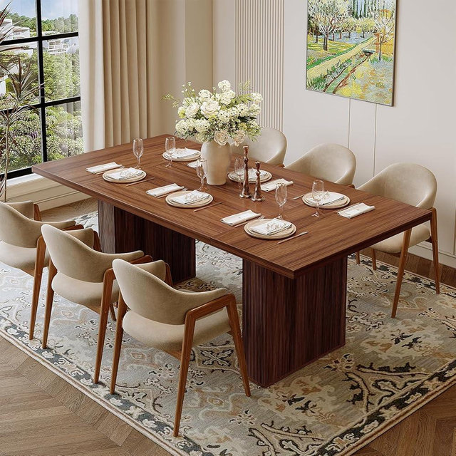 Miereirl 78 Inch Rectangular Dining Table for 6-8 People, Large Modern Farmhouse Kitchen Table with Grooved Wood-Strip Base, Perfect for Dining Room or Family Gathering, Walnut