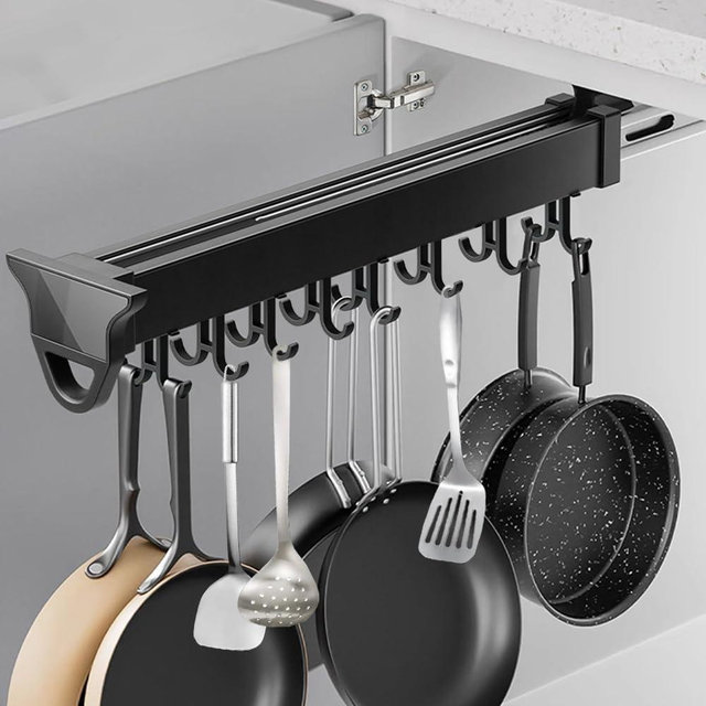 Pull Out Pot Rack, 22" Pull Out Pots and Pans Organizer with 16 Hook, Aluminum Alloy Hanging Pot Rack, Expandable Utility Rack, Sliding Under Cabinet Organization for Kitchen, Cabinet, Closet