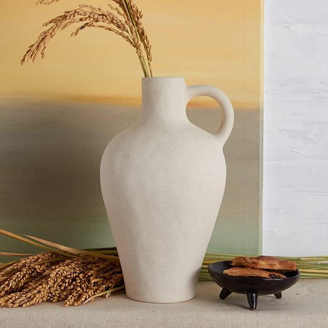 Handcrafted White Ceramic Vase for Home Decor, Medium Earthenware Vessel for Decorative Centerpiece, Rustic Hand Made Jug for Farmhouse, Vintage Pottery Vase, Matte, Handled Clay Jug -Height 10”