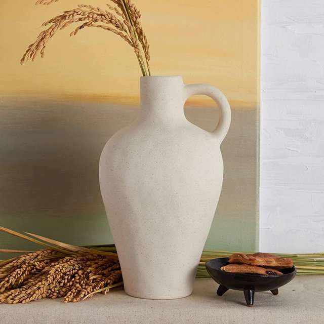 Handcrafted White Ceramic Vase for Home Decor, Medium Earthenware Vessel for Decorative Centerpiece, Rustic Hand Made Jug for Farmhouse, Vintage Pottery Vase, Matte, Handled Clay Jug -Height 10”