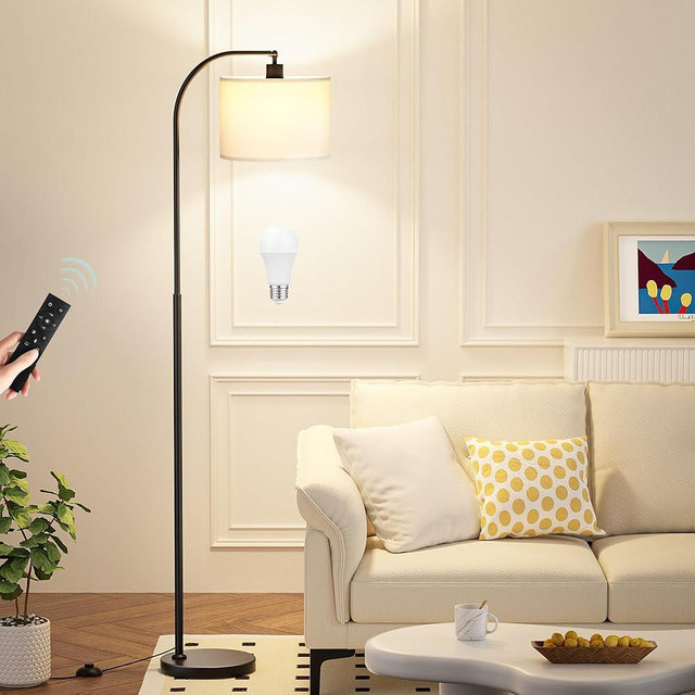 Ambimall Arc Floor Lamp with Remote and Stepless Dimmable Bulb, Colors Temperature & Brightness Adjustable, Black Floor Lamps for Living Room（White Shade & Black Pole）