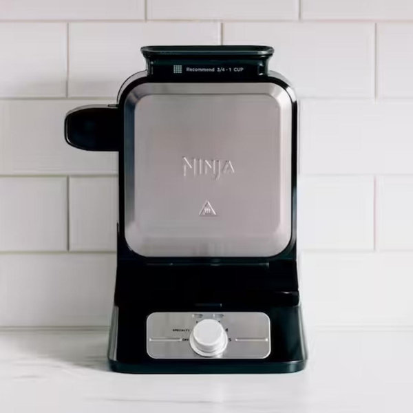 Ninja BW1001 NeverStick PRO Belgian Waffle Maker, Vertical Design, 5 Shade Settings, with Precision-Pour Cup & Chef-curated Recipe Guide, Black & Silver