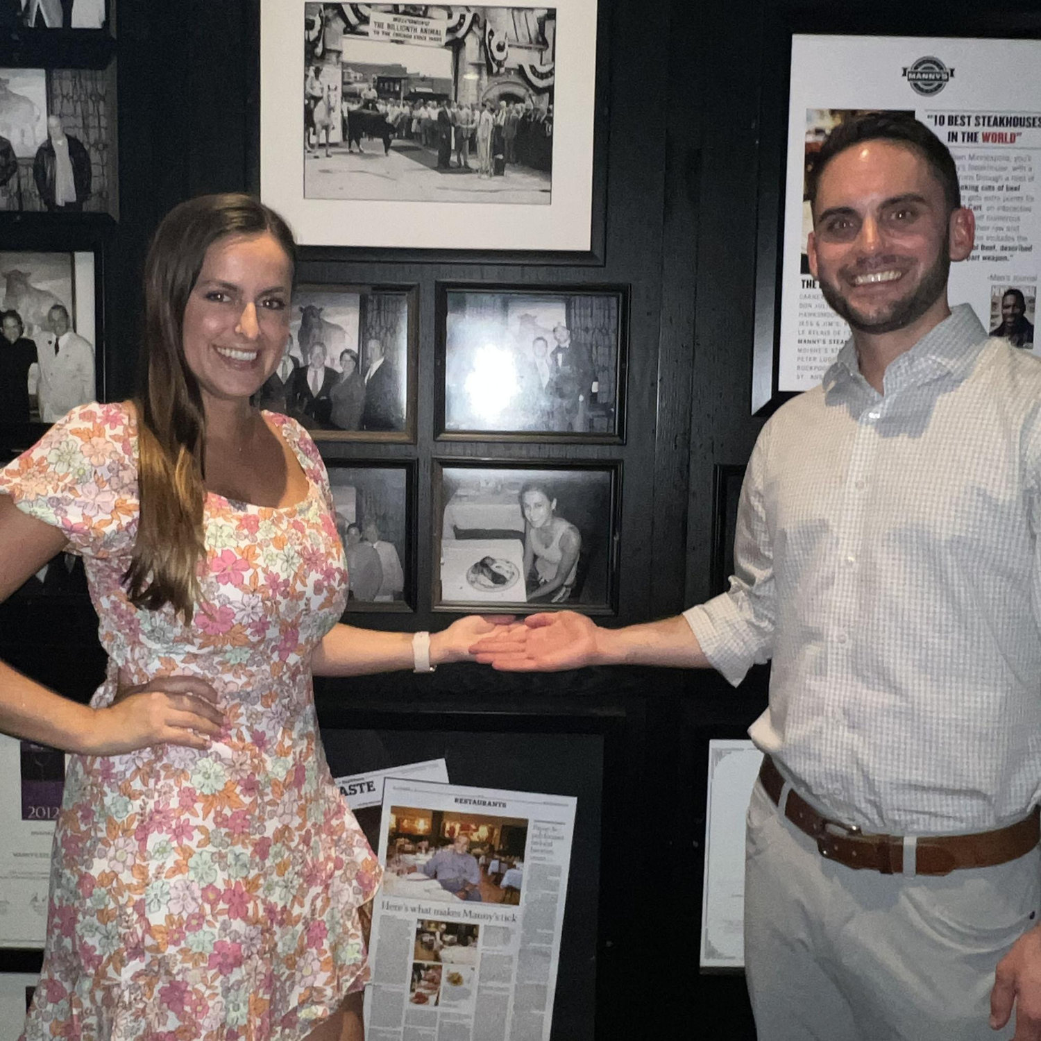 Angela showing off her photo on the wall of Manny's Steakhouse in Minneapolis, featuring the time she ate a 48oz double porterhouse steak when she was a teenager! August 2023.