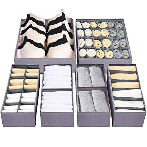 Jay-Chi Dresser Drawer Underwear Organizer - Large Drawer Organizer Closet Divider Washable Clothes Bra Sock Tie Foldable Storage Box Drawer Polyester Fabric Baby Cloth Panties Belts Set of 6,Gray