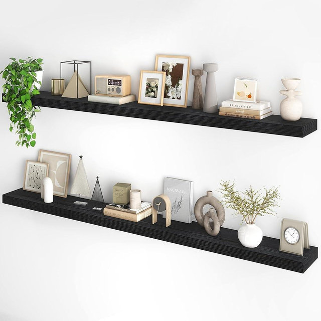 Fun Memories 72Inch Floating Shelves,Wall Mounted Rustic Wood Floating Shelf with Invisible Brackets for Storage & Decor,2 Pack Shelves for Bathroom,Bedroom and Kitchen,Black