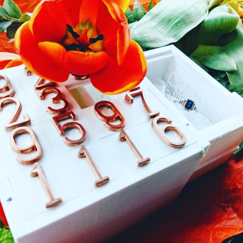 Jack's custom designed puzzle proposal box printed on his 3D printer. The last line of numbers was what Catherine had to solve to open it - it's their anniversary date (1/1/16).