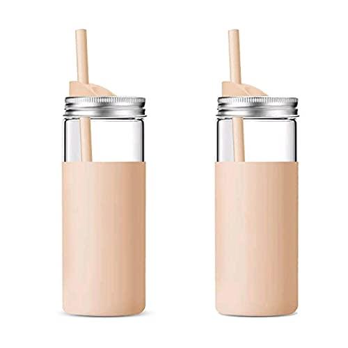 Tronco 20Oz Borosilicate Glass Tumbler Bottle with Unbreakable Metal Mason Jar Style Lid and Protective Silicone Sleeve and Silicon Straw 2-Piece Set Pair BPA-Free Easy Cleaning