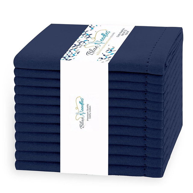 Blue Needles Hemstitch Linen Napkins - 100% Cotton Set of 12 Cloth Dinner Napkins 18x18 inches - Soft, Reusable and Washable Napkins, Ideal for Events, Parties & Everyday Use - Navy Blue