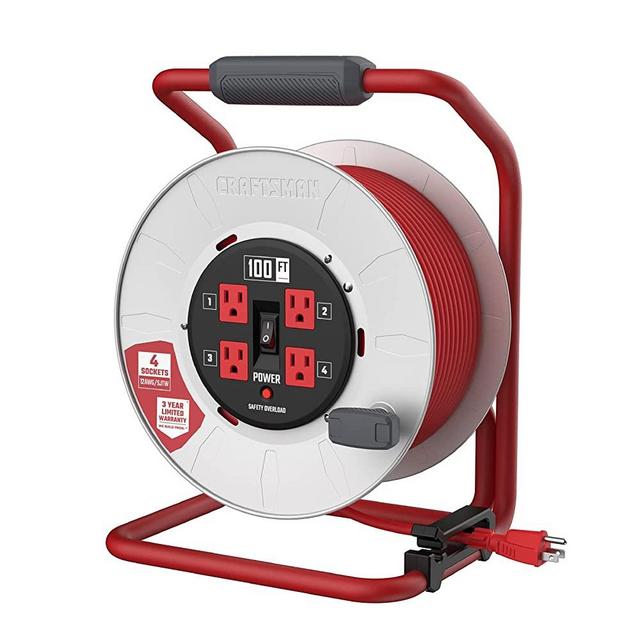 CRAFTSMAN Contractor Grade Retractable Extension Cord, 100 feet with 4 Outlets - 12AWG SJTW Cable - Outdoor Power Cord Reel