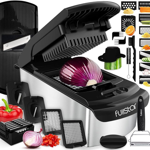 Fullstar Vegetable Chopper and Mandoline Slicer - Cheese Grater, Food Chopper with Container, Kitchen Accessories, Home Essentials (14 in 1, Black/SS)