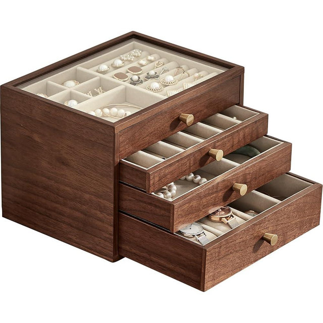 CHOSIN Black Walnut Wooden Jewelry Box Women Classical Solid Wooden 4-Layer Organizer with Glass Lid Drawers Watch Necklace Ring Earring Storage Christmas Gifts