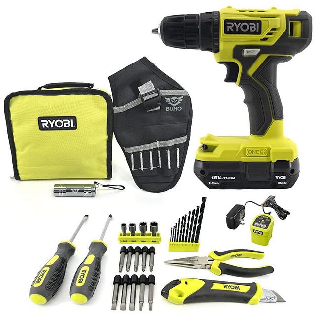 Ryobi Household Tool Kit Bundle with Buho Drill Holster, 18V Cordless 3/8 in. Drill/Driver, 1.5 Ah Battery, Charger, Hand Tools, Drill Bits, Tool Bag and Buho Pocket Flashlight