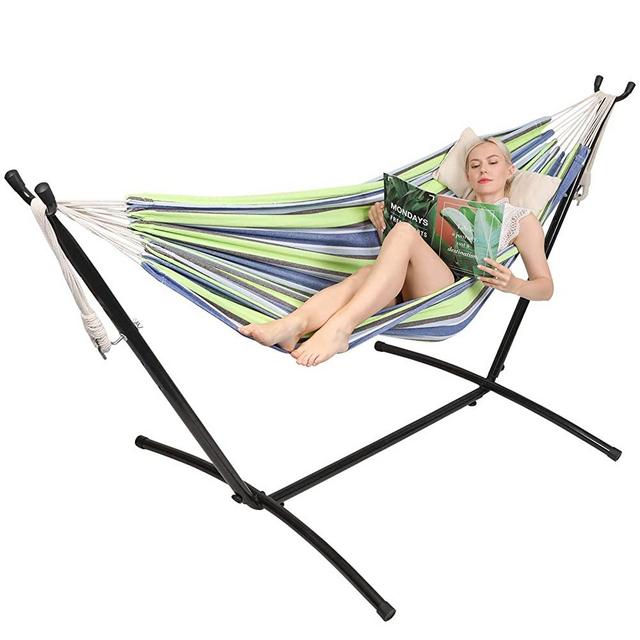 Kanchimi Hammock with Stand,Max Load 450lbs,Portable Double Hammock for para Patio,Indoor Outdoor Hammock with Stand 2 Person Heavy Duty,Premium Carrying Case Included（Bluegreen）