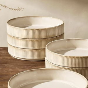 famiware 7.5" Pasta Bowl Set of 6, Microwave & Dishwasher Safe, Cream | Salad Bowls for Kitchen, Lead-free and Cadmium-free, Stoneware Scratch Resistant Plates Bowls