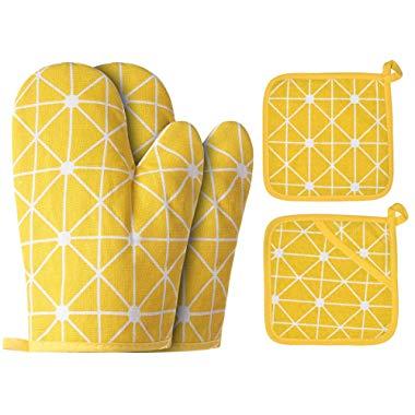Win Change Oven Mitts and Potholders BBQ Gloves-Oven Mitts and Pot Holders with Recycled Cotton Infill Silicone Non-Slip Cooking Gloves for Cooking Baking Grilling (4-Piece Set,Yellow)