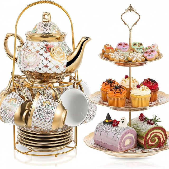 Maxcheck 21 Pcs Tea Party Set for Adults European Floral Tea Set with Metal Holder and 3 Tier Ceramic Cake Stand Porcelain Flower Cup Teapot for Dessert Cupcake Christmas Gift(Stylish Style)