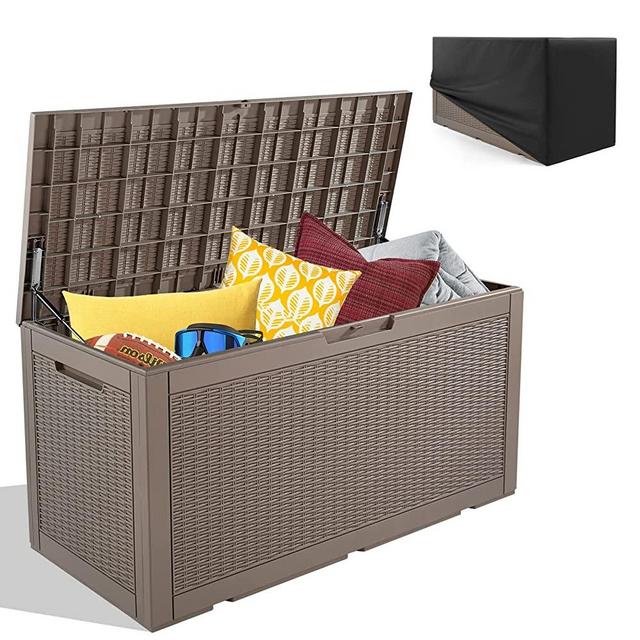 COSVALVE 100 Gallon Deck Box, Large Resin Outdoor Storage Box, Patio Garden Furniture with Oxford Waterproof Dust Cover for Outdoor Cushions & Pillows, Pool Toys, Garden Tools,Sports Equipment(Brown)