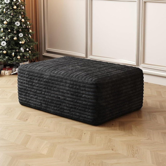 37.4" Plush Corduroy Ottoman, Upholstered Cloud Ottoman for Boneless Couch in a Box, Modular Sectional Couches for Living Room, Compressed Memory Foam, No Assembly Require, Black