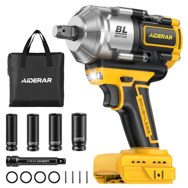 AIDERAR 20V Cordless Impact Wrench for DeWalt Battery, 1500Nm (1106 Ft-Lbs) 1/2" Brushless Impact Gun, 3-Speed High Torque Power Tool for Tire Removal, Rusted Bolts, Heavy Equipment(No Battery)
