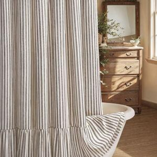 Farmhouse Shower Curtain Cream-Brown Stripe 72" W x 72" L