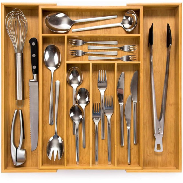budu Silverware Drawer Organizer #19.7" Depth – Utensil Holder, Kitchen Drawer Organizers for Flatware, Cutlery – Perfect Utensil Organizer for Silverware & Other Kitchen Organization Tools & Storage
