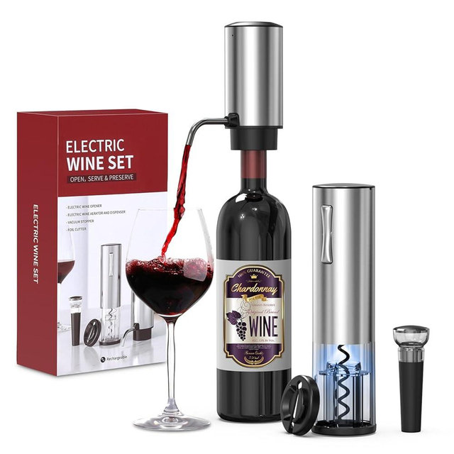 PENTASPI Electric Wine Opener Set, 4 in 1 Electric Wine Bottle Opener, Rechargeable Corkscrew Opener with Aerator, Foil Cutter, Vacuum Stopper, Ideal Present for Wine Lovers, Party, Wedding