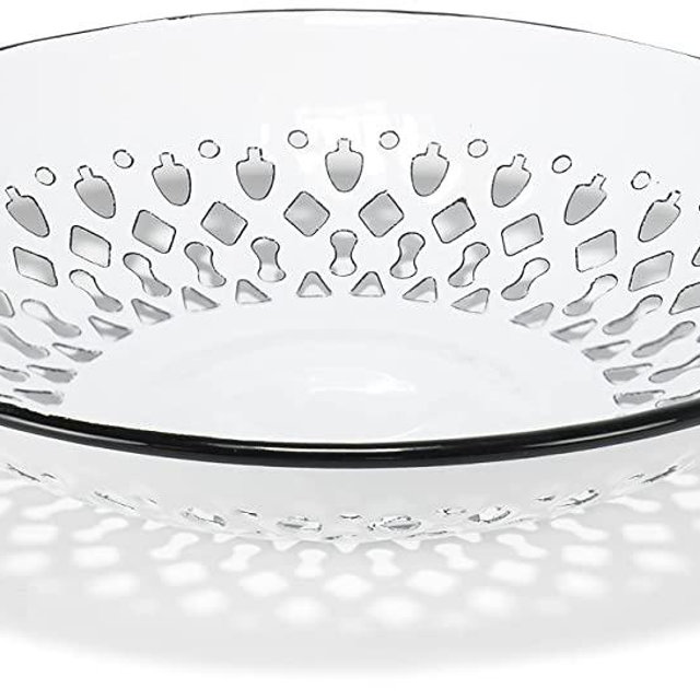 Red Co. Enamelware Metal Classic 9.5 Inch Round Flat Food Strainer Colander, Solid White/Black Rim