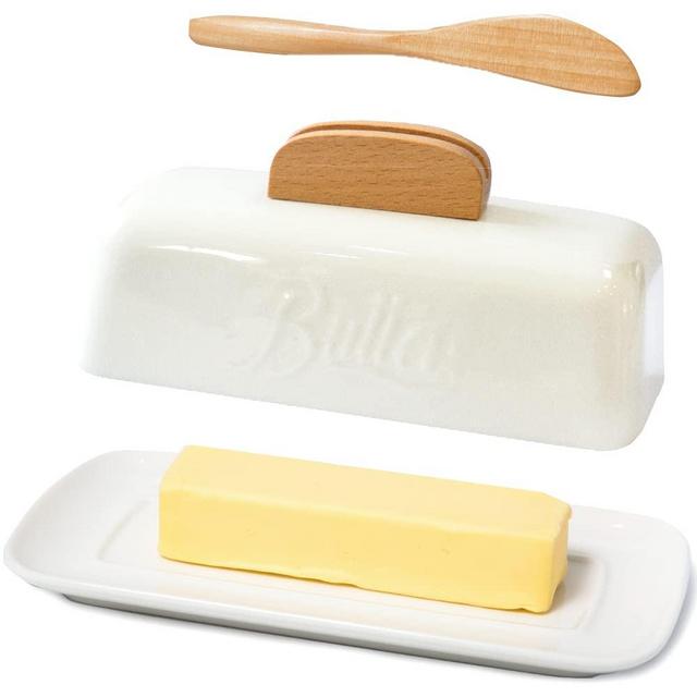 Butter Dish with Lid and Knife Ceramic Butter Holder for Counter Humanized Clamp-able Knife Handle Design, Perfect for East West Coast Butter, White