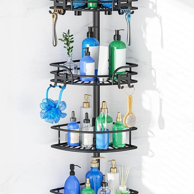 HAMITOR Corner Shower Caddy Tension Pole: 4-Tier Large Capacity Bathroom Organizer Shelf with Towel Bar - Rustproof No-Drill Adjustable 47-123 inch Storage for Renters, Home Bathtub Stand Rack, Black