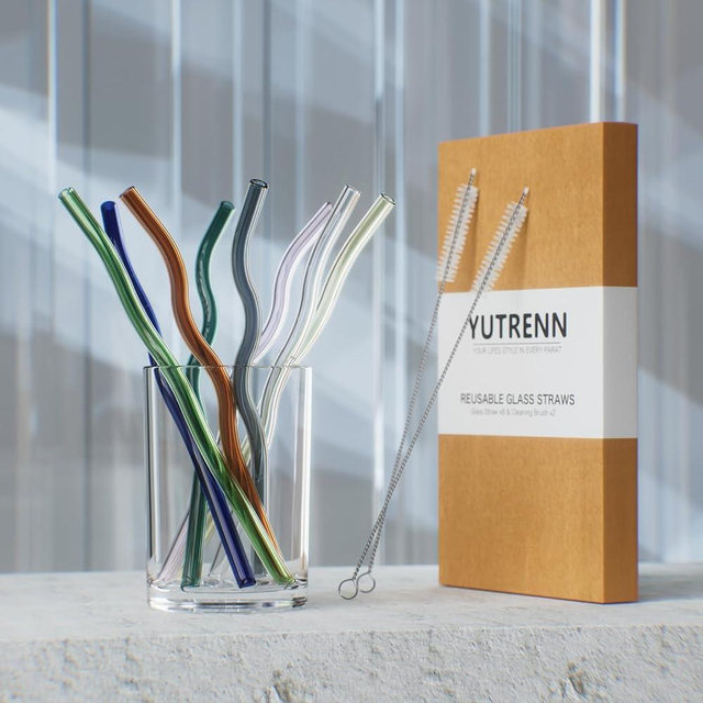 YUTRENN Reusable Glass Straws Sets of 8 Wavy Colorful Drinking Straws with 2 Cleaning Brushes, 8 inches 0.3" Thick Clear Straws High Borosilicate Glass Straw for Tumblers 10 Pack Gift Wrap