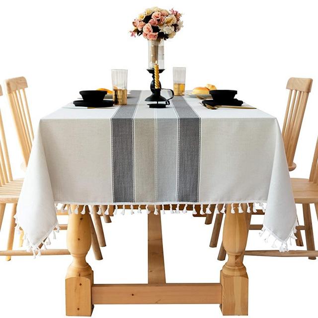 Uyis Black and Grey Cotton Linen Tablecloth, Fabric Stripe Table Cover Cloth with Stitching Tassel,Wrinkle Free Dust-Free Tabletop Decoration for Kitchen Dinning Party（Rectangle, 55x 70inch）