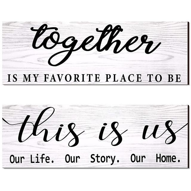 2 Pieces This is Us Our Life Our Story Rustic Print Wood Signs Together Rustic Wooden Wall Art Signs Farmhouse Entryway Signs for Bedroom Living Room Office Decor, 4.7 x 13.8 Inch (White)
