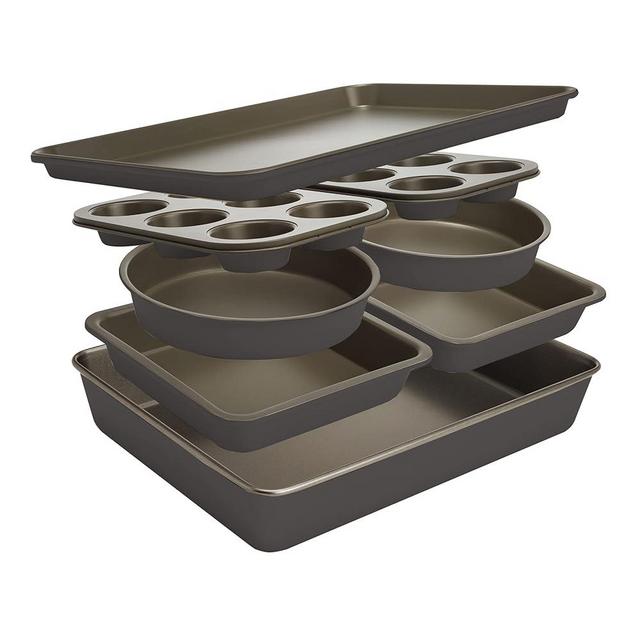 Goodful All-In-One Nonstick Bakeware Set, Stackable and Space Saving Design includes Round and Square Pans, Muffin Pans, Cookie Sheet and Roaster, Dishwasher Safe, 8-Piece, Graphite