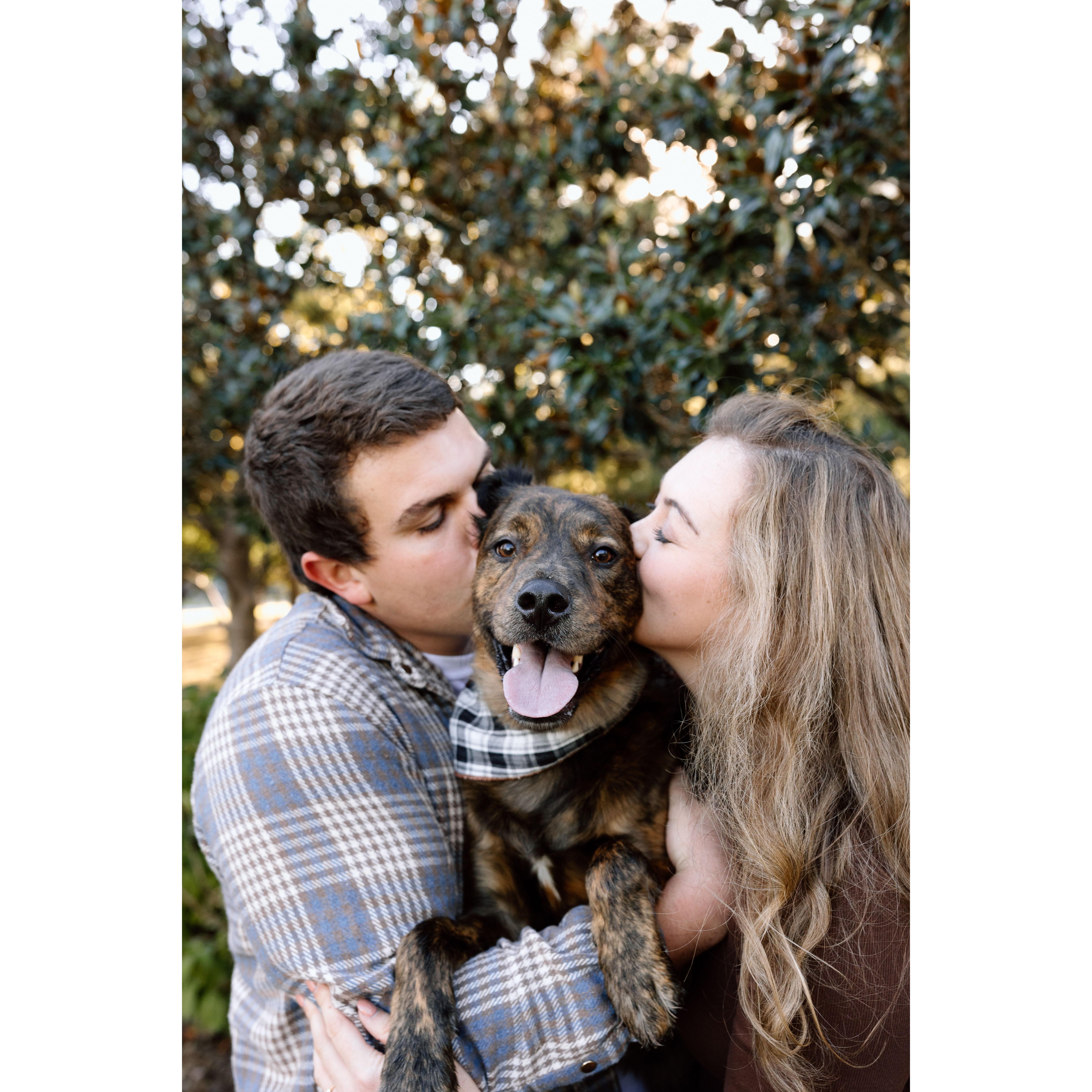 A "family" picture of us with our dog, Denny. We adopted him together in 2022 and couldn't imagine our lives without him!