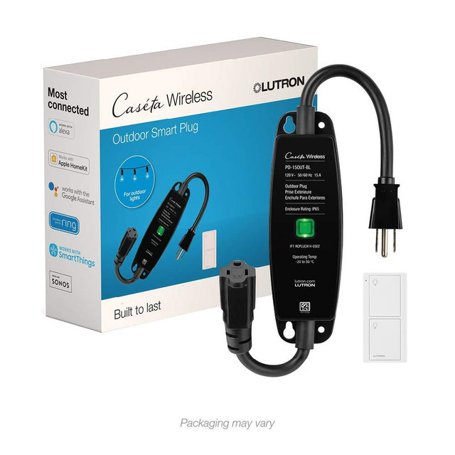 Lutron Caseta Outdoor Smart Plug and Pico Remote | Compatible with Alexa, Google Assistant, Apple HomeKit | for Landscape and String Lighting | P-PKG1OUT-BL | Black