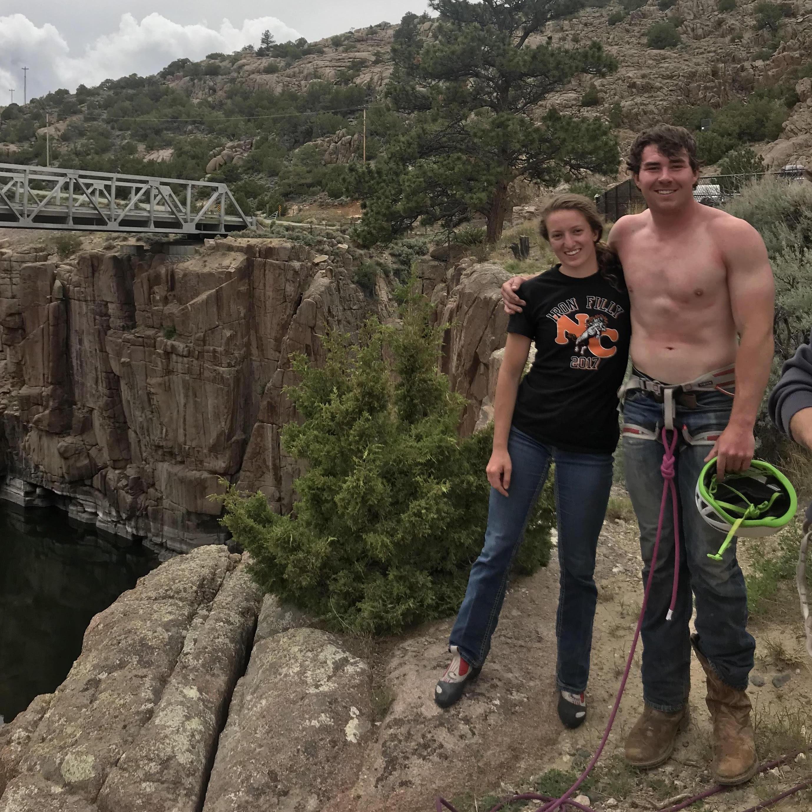 Abbi found her love of climbing at the university and quickly introduced Sam to the sport. The couple climbed together in Fremont Canyon, even though all Sam had were cowboy boots!