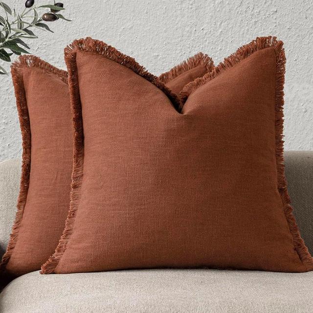 Foindtower Set of 2 Decorative Linen Fringe Throw Pillow Covers Farmhouse Cushion Cover with Tassels Soft Accent Pillowcase for Couch Chair Sofa Bed Living Room Home Decor,20×20 Inch,Fall Rust Orange