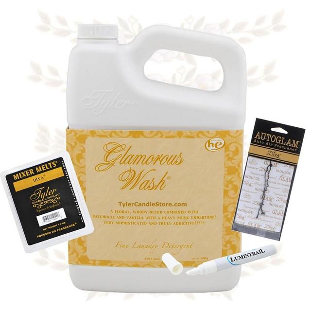 Tyler Candle Glamorous Wash Laundry Detergent, Diva Bundle with Tyler Candle Mixer Melts, Autoglam Freshener, and Degreaser Pen (64 oz)