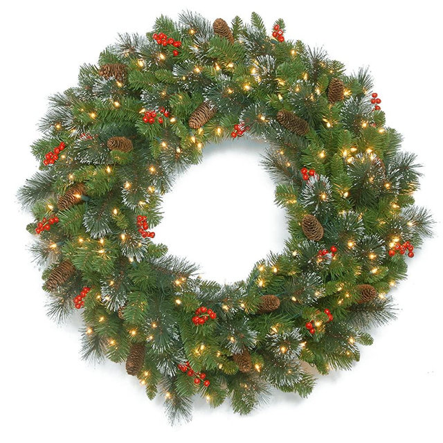 National Tree Company Pre-lit Artificial Christmas Wreath| Flocked with Mixed Decorations and Pre-strung LED Lights | Crestwood Spruce - 30 inch